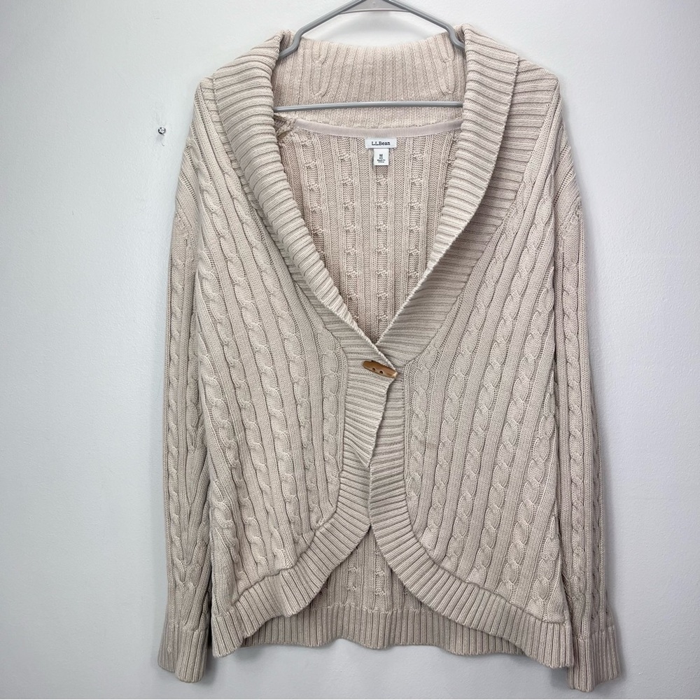 LL‎ Bean Khaki Tan Shawl Collar One Button Cotton Cable Cardigan Sweater MEDIUM
